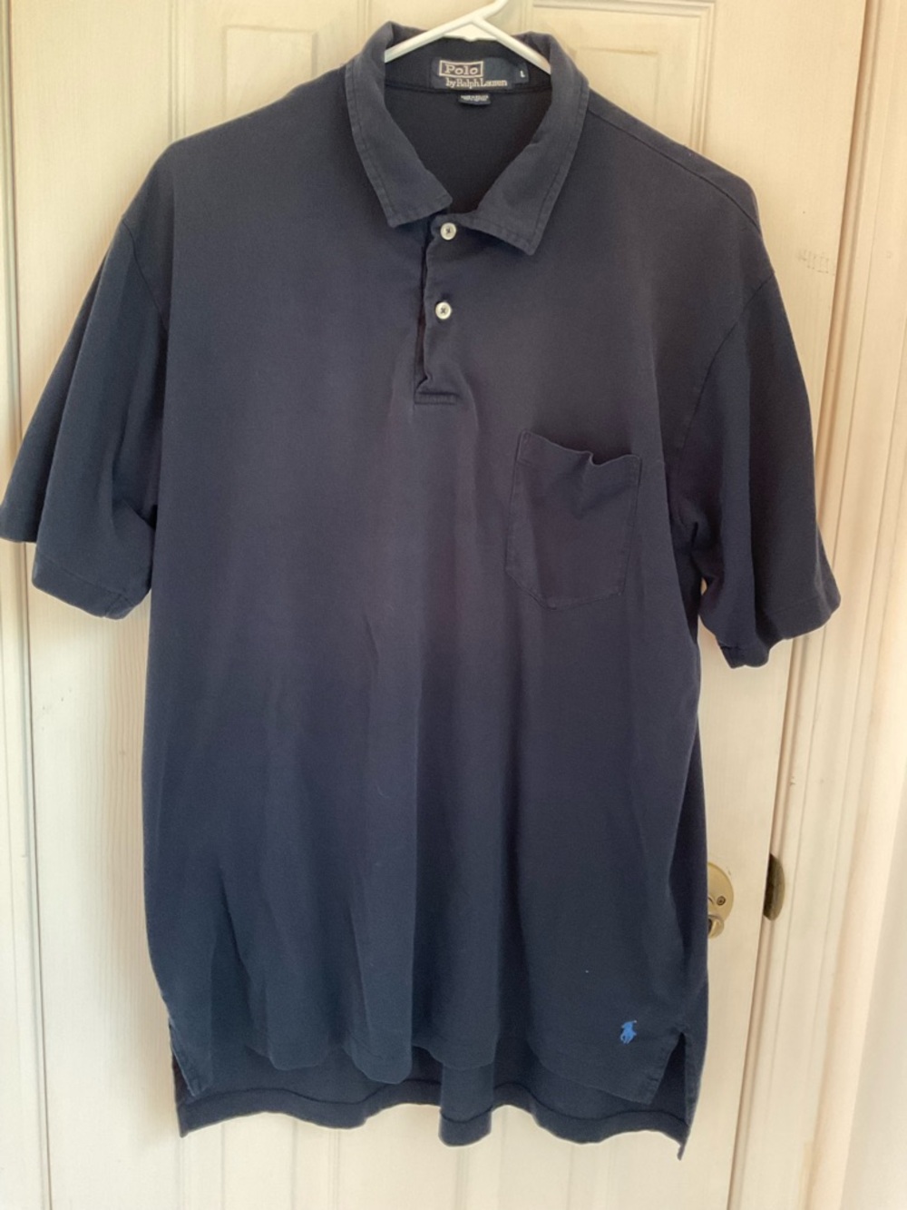 Vtg Ralph Lauren Navy Short-Sleeve Pocket Polo cotton 23” by 30” Bolivia made